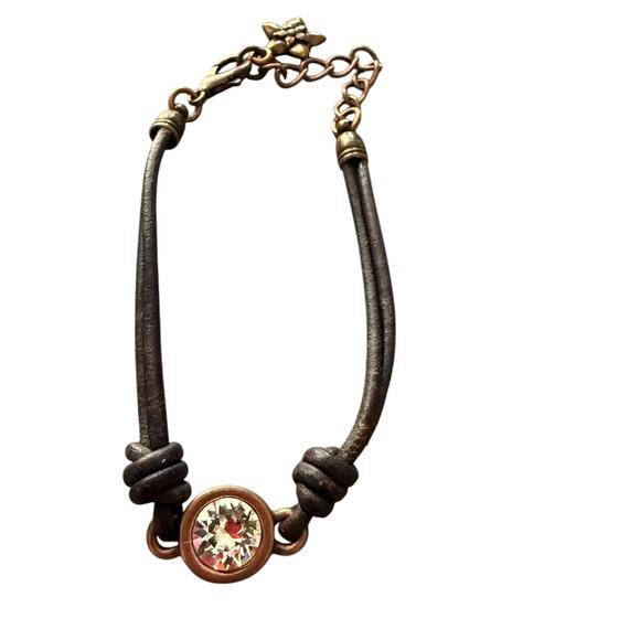 Brown Leather & Crystal Pendant Bracelet - Picture 1 of 4